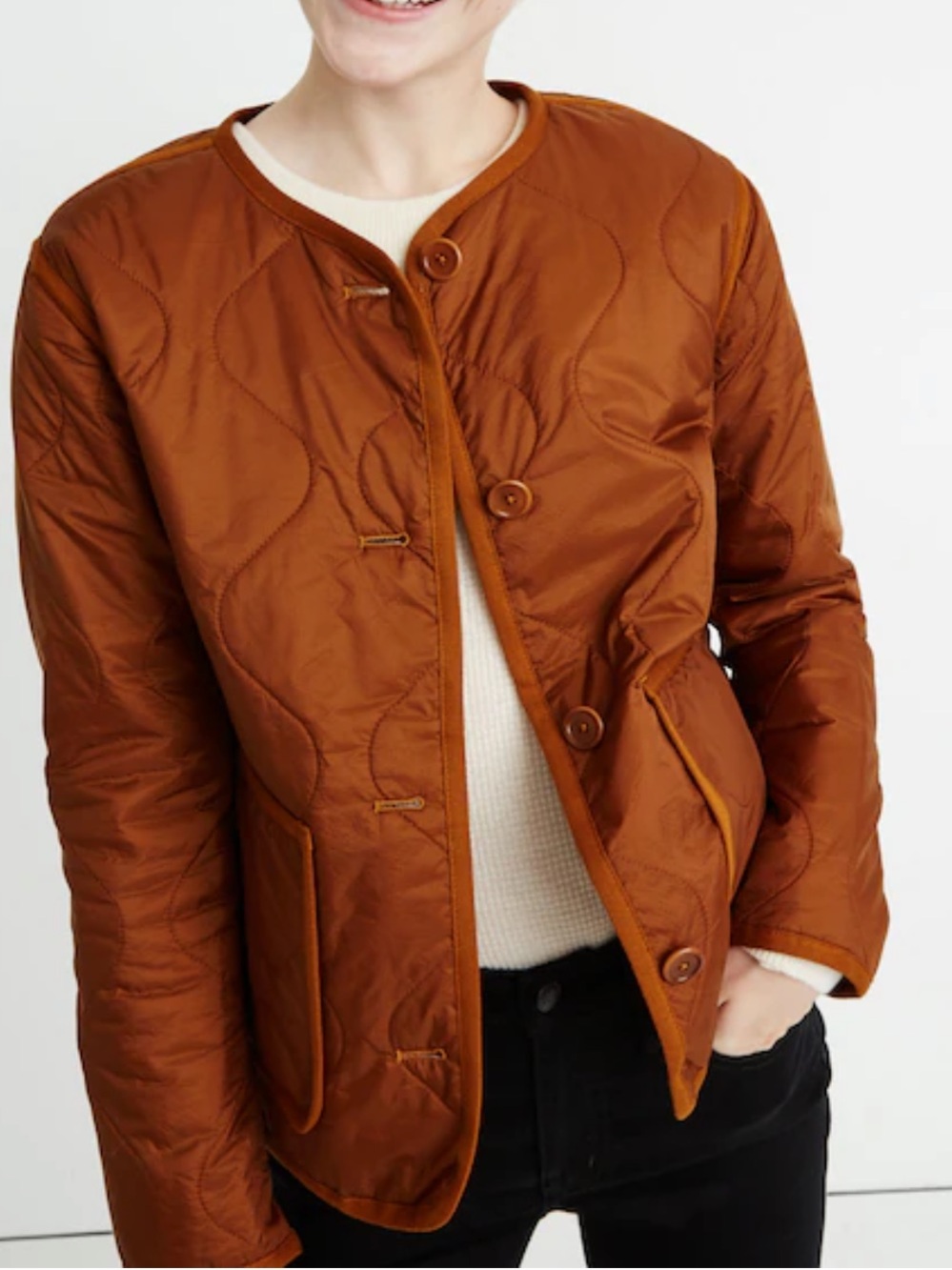 Madewell Quilted Liner Jacket Puffer Golden Pecan M fall Rust pumpkin oversized